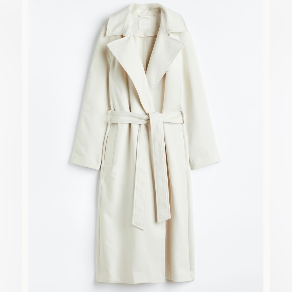 New H&M Tie Waist Belt Long Trench Coat SIZE XS Twill White Oversized